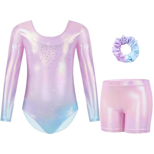 Gogokids Gymnastics Leotards for Girls Long Sleeve Sparkly Rhinestone Dance Unitards Biketards with Shorts, C-pink, 11-12 Years - Image 1