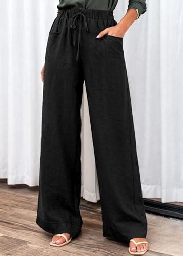 KIRUNDO Wide Leg Palazzo Pants for Women Summer High Waist Flowy Casual Trousers Lounge Pants Beach Vacation Travel Outfits (Black, Large) - Thumbnail 6