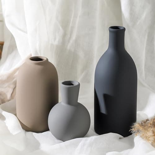 Ceramic Vase Set of 3, Rustic Farmhouse Vases Home Decor Pottery Pampas Vase Decoration Modern Neutral Flowers Vases for Room Decor, Entryway, Living Room, Table, Kitchen, Bedroom - Multicolor - Thumbnail 6