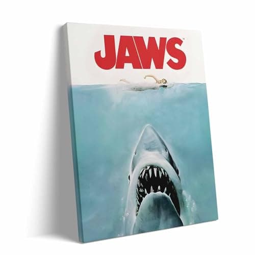 Jaws Poster Canvas Wall Art, Classic Shark Attack Movie Picture Print, Vintage Film Framed Wall Artwork for Home Theater, Living Room or Movie Buff Aesthetic Decor 8x10inch - Image 1