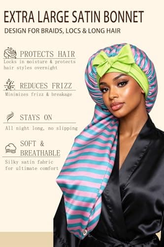 Vettres Extra Large Satin Bonnet for Braids & Locs, No Slip Tie Band Stays On All Night, Silky Sleep Cap Won’t Flatten Hair Red Green Stripes - Thumbnail 2