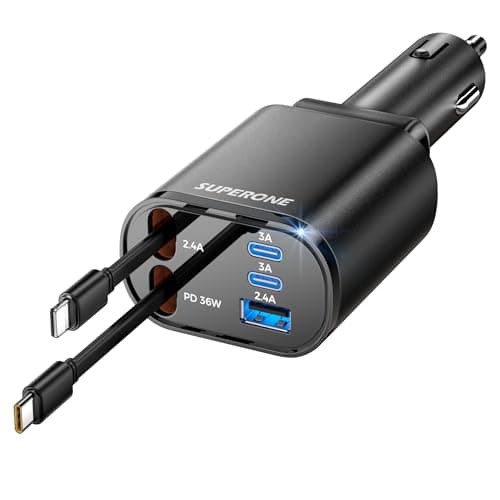 Retractable Car Charger 5-in-1, SUPERONE 90W Car Phone Charger with Dual Cables Fast Charging, USB C Car Charger Adapter with Multi Ports for iPhone 17/16/15/14/13/12, Galaxy S25, Pixel, ipad - Black - Image 1