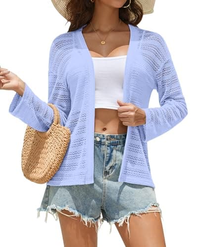 MISFAY Women's Crochet Cardigan Open Front Lightweight Cover Up Blue - Image 1