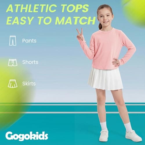 Gogokids Girls Long Sleeve Athletic Shirt, Breathable Cotton Activewear Top with Stretch, Split Back & Thumbholes, Pink, 130, 7-8 Years - Thumbnail 6