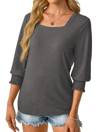 GKBK Womens 3/4 Sleeve Shirts Square Neck Dressy Casual Blouses Spring Summer Smocked Cuffs Tops A- Dark Gray - Thumbnail 3
