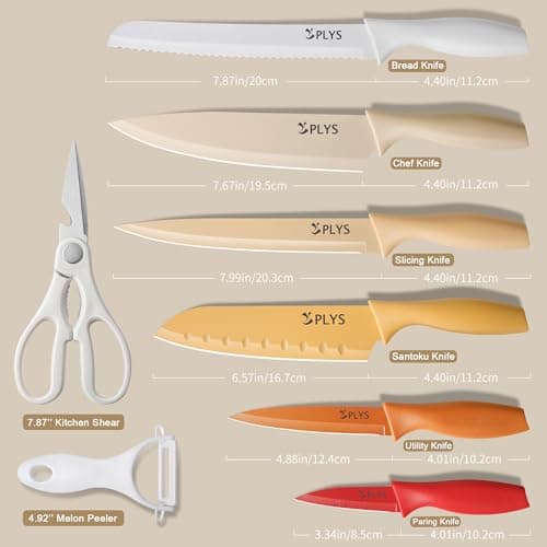 Plys Knife Set for Kitchen with Covers 14-Piece: Colorful Ceramic Coating Stainless Steel Chef Knives set for Cooking, Cutting&Chopping, Sharp Blades, Rustproof, Dishwasher Safe - Thumbnail 6