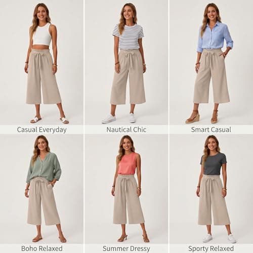 Gaucho Pants for Women, Wide Leg High Waisted Cotton Women's Palazzo Capri Pants with Pockets and Drawstring, Lightweight Breathbale Casual Summer Womens Culottes Khaki XXL - Thumbnail 5