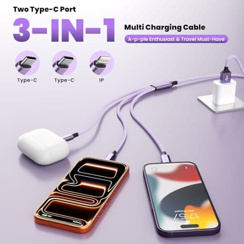 2Packs 4FT Multi Charging Cable with 2 USB-C/IP Port, Purple Charging Cords for Multiple Devices, USB C Splitter Cable, Universal Charger Cord Car Accessories for iPhone17-8, Androids iPad and More - Thumbnail 2