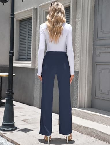 ZAFUL Womens Wide Leg Pants High Waisted Casual Pants for Women Stretchy Business Dress Work Pocket Trousers Pant Navy Blue M - Thumbnail 2