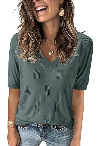 Arach&Cloz Women's Summer Fall Tops 2025 Short Sleeve Plus Size Sweaters V Neck Trendy Fashion Knit Clothes Dressy Cute Casual Outfits Business Work Blouse Grey Green S - Image 1