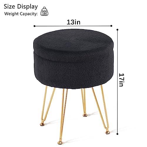 Cplxroc Footrest Footstools Round Faux Fur Ottoman with Storage Space Soft Vanity Chair Seat Coffee Table Ottoman Small Side Table Metal Legs with Adjustable Footings (Black) - Thumbnail 2