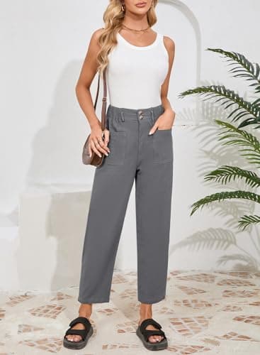 Dokotoo 2026 Linen Pants for Women Breathable Womens Baggy Trendy Fashion Cotton Capri Pants Ankle Length High Waisted Harem Trouser Teacher Outfits for Women Fall Clothes Gray M - Thumbnail 5