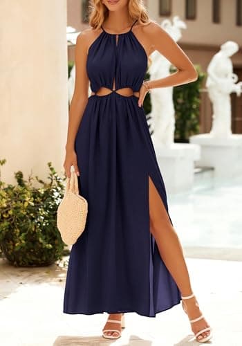 BTFBM Women Halter Summer Dresses 2026 Sleeveless Cutout Backless Sundress Slit Boho Maxi Beach Wedding Guest Dress(Navy, Large) - Thumbnail 3