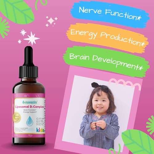 Nuvamin – Liquid Liposomal B-Complex Drops for Kids Baby Toddlers & Adults, 2Fl.Oz (60ml), 120 Daily Serving. B1, B2, B3, B5, B6, B7, B9, B12. Great Taste - Natural - High Absorption, Raspberry Flavor - Thumbnail 3