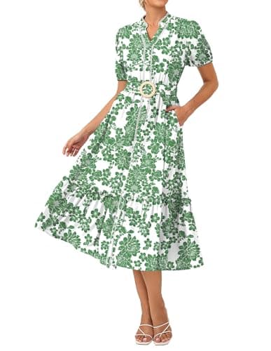GRACE KARIN Womens Summer Floral Maxi Dress 2026 Casual Puff Short Sleeve Shirt Dress Boho Flowy Dresses with Pockets & Belt White Green Floral 2XL - Image 1