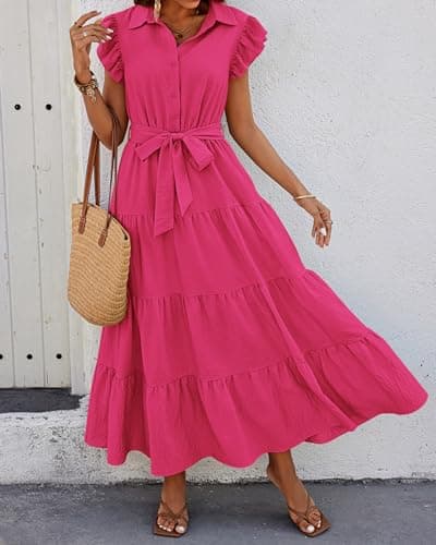 dowerme Women's Summer Casual Dresses 2026 Cap Ruffle Sleeve V Neck Button Belted Tiered Boho Maxi Dress with Pockets(Rose Red,Large) - Thumbnail 3