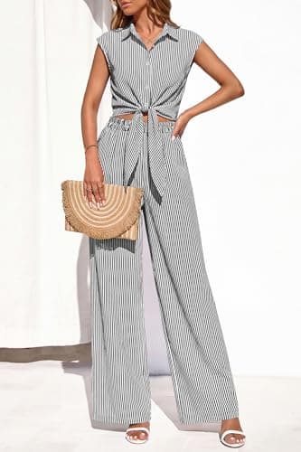 PRETTYGARDEN 2 Piece Sets For Women Summer Striped Button Down Tie Front Crop Tops Wide Leg Pants Floral Lounge Set 2026(Striped Black,Small) - Thumbnail 2