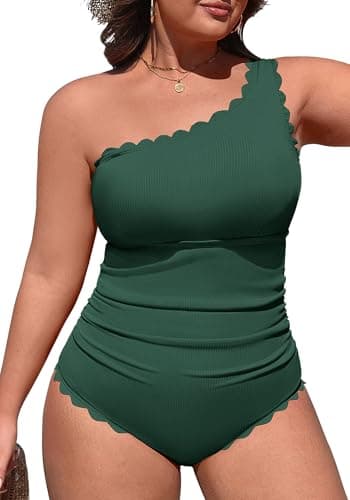 Charmo Plus Size Bathing Suit for Women 2026 Tummy Control Modest One Shoulder Swim Suits 1 Piece Ruched Swimsuit Green 4X - Image 1