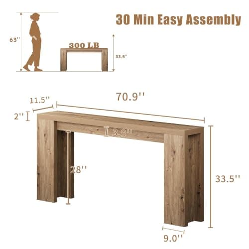 70.9 Inch Extra Long Console Table, Farmhouse Entryway Table with Thickened Base, Wood Sofa Table Behind Couch Table, Narrow Entryway Accent Table for Living Room, Hallway, Entrance, Foyer, Brown - Thumbnail 2