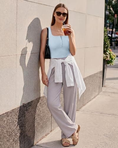 G4Free Sleeveless Tank Tops for Women Ribbed Cropped Going Out Henley Tanks Square Neck Crop Top (Blue Willow,XXL) - Thumbnail 6