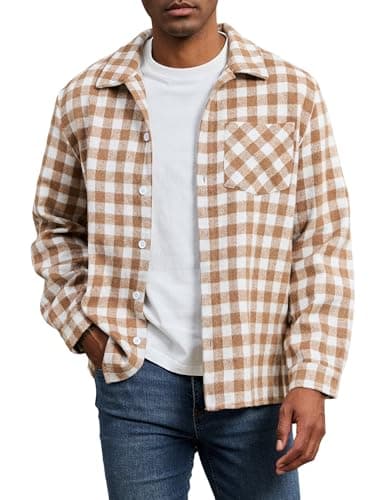ZAFUL Men's Flannel Shirts Casual Plaid Button Down Shirt Jacket Long Sleeve Shacket with Pockets Khaki Buffalo Plaid XL - Image 1