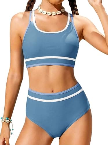 Girls' Swimwear Size 10-12 Swimsuits Two Piece Bathing Suits for Teens Trajes De Baño para Niñas Swim Casual Color Block Sport Adjustable Double Straps Top Bottoms Padded Modest Bikini Sets - Image 1