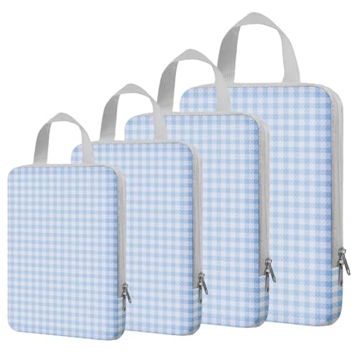NBERMOTION 4/8 Set Compression Packing Cubes for Travel Essentials, Compressible Expandable Luggage Organizer Bags for Clothes, Durable Space Saver Storage Bags for Suitcase(4set-Blue Gingham)