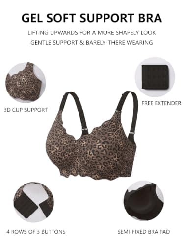 COCOMARTS Jelly Bras for Women No Underwire Scalloped Push Up Wireless Bralettes Seamless Soft Comfort Everyday Tshirt Bra Black Leopard Small - Thumbnail 4