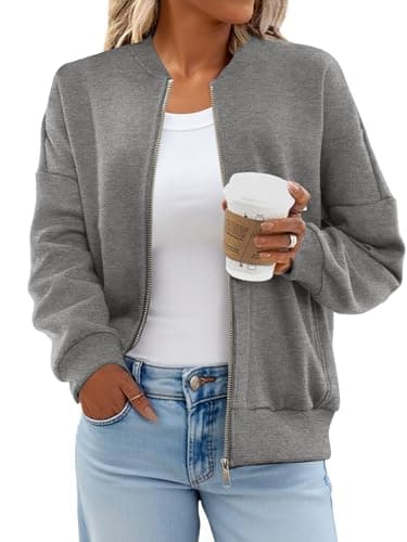 GEMLON Womens Full Zip Up Sweatshirts No Hood Long Sleeve Casual Loose Fall Fashion Jackets with Pockets Light Grey 2X-Large - Thumbnail 2