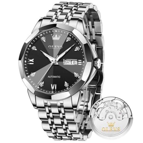 OLEVS Watch Men Black Silver Automatic Stainless Steel Classic Luxury Dress Men Watch Self Winding Date Large Face Waterproof Mens Watches - Image 1