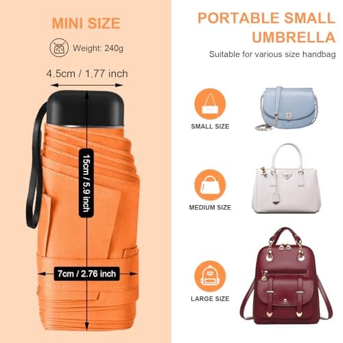 LEAGERA Compact Travel Umbrella with Case - Mini Umbrella for Purse, Small Lightweight &Tiny Umbrellas Design Perfect for Parasol Outdoor Sun&Rain,Orange - Thumbnail 5