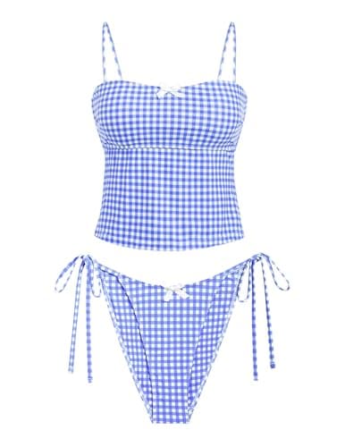 seamoly Womens Tankini Sets Sexy Open Back High Cut Cheeky Bikini Two Piece Swimsuit 2 Piece Bathing Suits Sky Blue Gingham S - Image 1