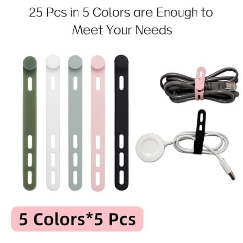 25 PCS Silicone Cable Ties Cord Organizer -[3 Adjustable Holes] Multi Color Elastic Reusable Cord Wraps Management, Home Organizer Ties for Phone Charger Electrical Cable, Travel Essentials - Thumbnail 6