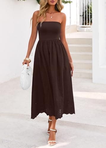 Lazysmile Summer Boho Maxi Dress for Women Strapless Tube Top Lace Trim A Line Beach Casual Long Dress Brown - Thumbnail 3