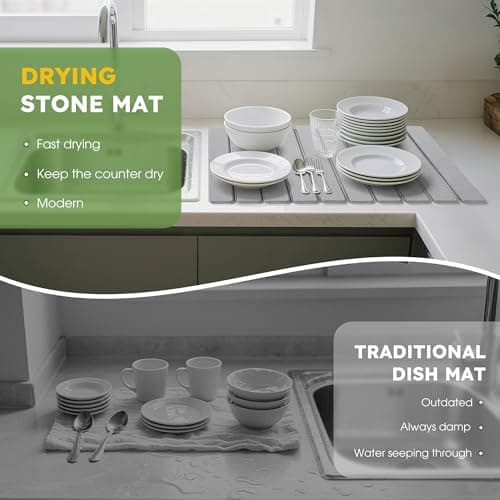 HABUTWAY Large Stone Dish Drying Mat for Kitchen Counter – 24"×16" Collapsible Diatomaceous Earth Mat, Ultra Absorbent & Quick Dry, Foldable Drying Pad for Dishes, Bottles, Cups (Light Grey) - Thumbnail 5