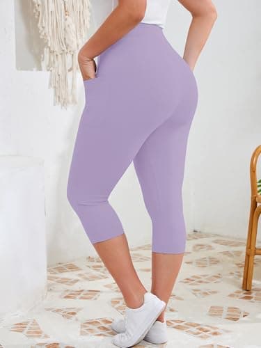 AusLook Plus Size Capri Leggings for Women with Pockets High Waisted Tummy Control Cropped Light Purple 5X Leggings Buttery Soft Stretch Casual Lounge Workout Pants - Thumbnail 6