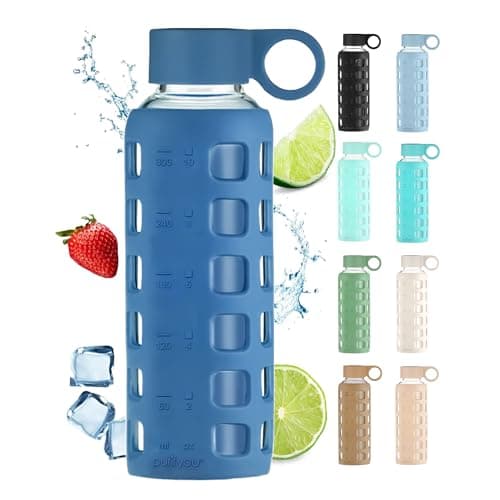purifyou 40oz / 32oz / 22oz / 12oz Borosilicate Glass Water Bottle with Time & Volume Markers, Silicone Sleeve, Stainless Steel Lid | Reusable Glass Bottle for Water & Juice (12oz Chinese Porcelain) - Image 1