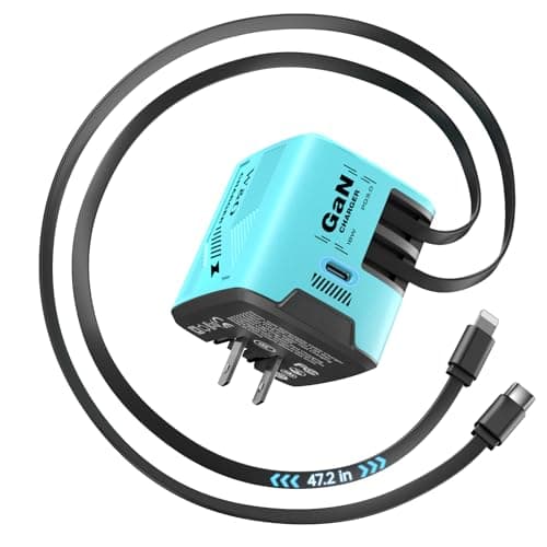 W & O Fast Charger for iPhone17/16/15,60W gan Charger,Retractable Phone Charger Wall Plug with Lightening and Type-C Cables,for iPhone Series, Galaxy S25/24,Android and More（Blue） - Image 1