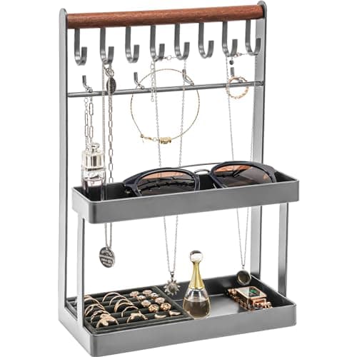 Lolalet 4-Tier Jewelry Organizer Stand with 12 Hooks, Necklace Bracelet Ring & Sunglasses Holder, Cute Metal Jewelry Storage Rack for Vanity, Dresser or Entryway, No Assembly -Grey - Image 1