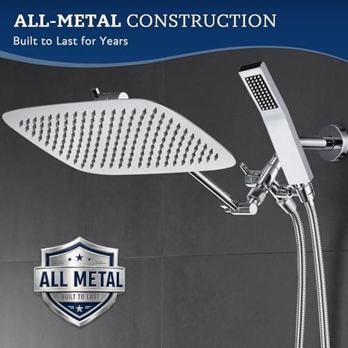 G-Promise All Metal 14 Inch Dual Square Shower Head with Handheld Spray Combo, Rain Shower Head, Adjustable Extension Arm, 3-Way Diverter, 71 Inch Extra Long Hose - A Bathroom Upgrade (Chrome) - Thumbnail 3