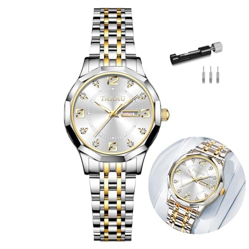 Taxau Watches for Women Waterproof Womens Watch with Day Date Ladies Watch Silver Gold Stainless Steel Band Analog Quartz Dress Women's Wrist Watches Luxury Roman Numerals Dial Big Face Reloj Mujer - Image 1