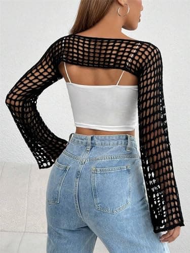 hathne Women Hollow Out Sweater Crop Flounce Off See Through Crochet Top Trumpet Long Sleeve Knit Top(Black,XL) - Thumbnail 4