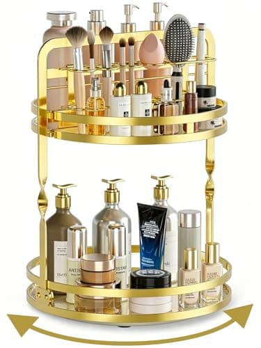 DUANFEE 360° Rotating Makeup Organizer, 2-Tier Gold Perfume Organizer for Dresser, Bathroom Organizer Countertop, Lazy Susan Spinning Perfume Stand Vanity Skincare Storage with Makeup Brush Holder - Image 1