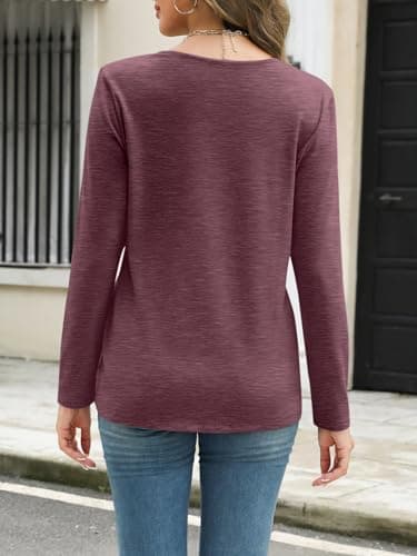 EasyGala Womens Deep V Neck Long Sleeve Shirts Pleated Dressy Casual Tops Sexy Loose Fit T Shirt Maroon Small - Thumbnail 6