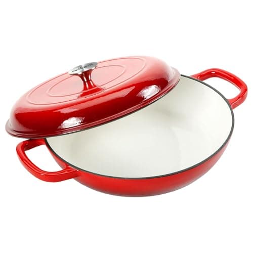 COOKWIN Cast Iron Casserole Braiser, 3.8 Quart Enameled Cast Iron Dutch Oven Pan with Lid, Heavy Duty and Dual Handles Skillet, Oven-Safe Porcelain Surface Casserole Dish, Red - Image 1