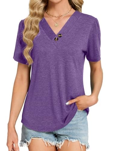 VUTRU Short Sleeve Shirts for Women Blouses Summer Tops Petite Henley Tunic Dressy Casual Plus Size Holiday Boho Clothing, Purple S - Thumbnail 2