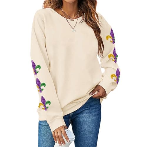 Eatbook Fat Tuesday Sweatshirt for Women Glitter Shrove Tuesday Long Sleeve Shirt Carnival Crewneck Pullover Top