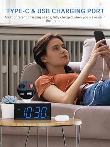 PPLEE Super Loud Alarm Clock for Heavy Sleepers Hearing Impaired Deaf,Vibrating Alarm Clock with Bed Shaker,Big Display Alarm Clock for Bedroom,5 Dimmer,Night Light,USB/Type-C Charger,Power-off Memory - Thumbnail 6
