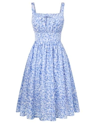 Belle Poque 2026 Summer Blue Floral Dress for Women Midi A Line Sundress Cute Milkmaid Dress with Pockets S - Image 1