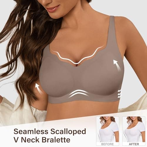 DEANGELMON Bras for Women No Underwire Seamless Wireless Bra Comfort Everyday Scalloped V Neck Bralette (1P2,XL) - Thumbnail 2